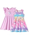 PATPAT Girls Unicorn Dresses 2 Pack, Ruffle Sleeve Dress and Tie-Dye Sleeveless Twirl Dress, Cute Summer Dresses for Little Girls, Playdates & School, Unicorn, 5-6 Years