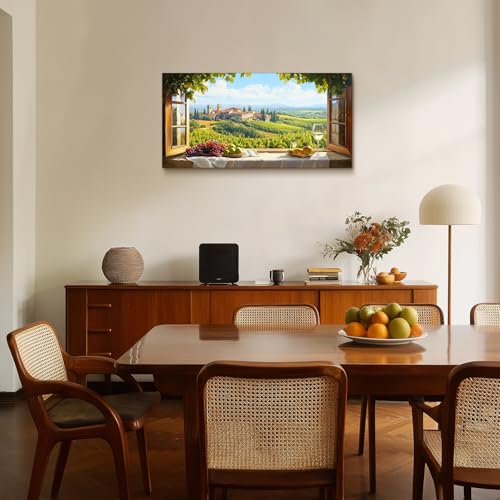 crmotu Vineyard Faux Window Wall Art, Italian Countryside Landscape Large Artwork, Grape Fields Prints Kitchen Wall Decor, Rustic Charm Pictures for Living Room Dining Room No-window Room 20x40 Inch