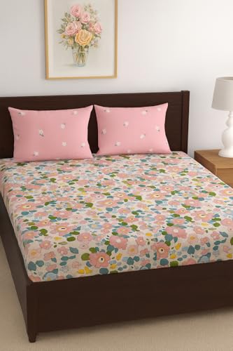 ohello® 300 TC Cotton Feel Glace Cotton Elastic Fitted Printed King Size Double Bed Bedsheet with 2 Pillow Covers Fits Upto 8 inches Mattress, Size - 72X78 Inches, Pink Flower (BS_557_King)