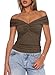 Darong Cap Sleeve Crop Tank Tops for Women Summer Off The Shoulder Neck Tank Top 2024 Casual Outfit 9058 Khaki M