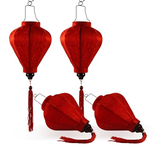 Lote de 4 pequeñas linternas asiáticas de seda roja M, diámetro Ø15 cm – Lampion de Hoi an Tradicional de tela, bambú y madera – Decoración y artesanía de Vietnam (S64-0672)