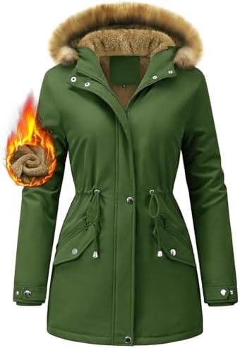 Women Winter Coat UK Fleece-Lined Jackets Ladies Long Winterproof Parka Warm Padded Coats Thermal Thickened Hooded Outwear Detachable Hood Overcoat