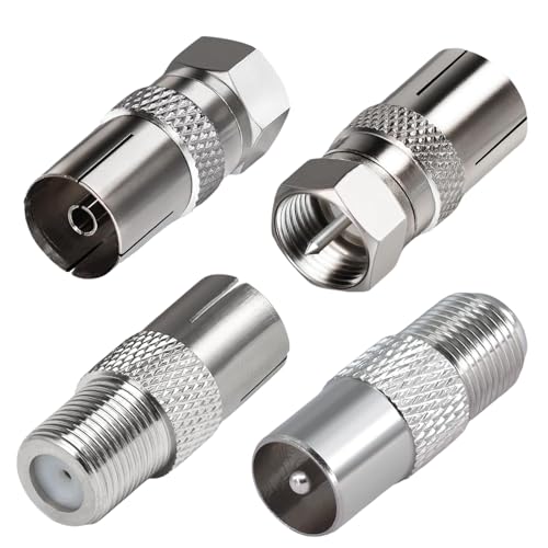 Juego de 4 adaptadores tipo F a coaxial, para satélite con TV, router, módem, receptor de satélite, equipo de audio/video, enchufe F hembra a enchufe coaxial macho adaptador de conector de antena de
