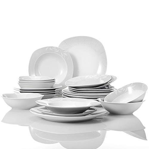 VEWEET Clover Juegos de Vajillas 24 Piezas de Porcelana con 6 Cuencos de Cereales, 6 Platos, 6 Platos de Postre y 6 Platos Hondos para 6 Personas