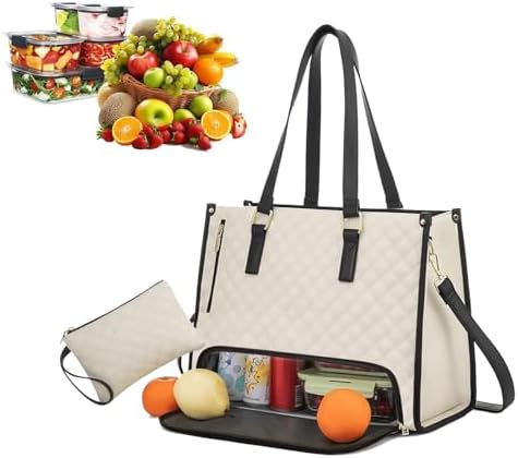 Puupaa - Sac Fourre-tout Travail Avec Compartiment Repas Isotherme - Pour Ordinateur 15,6" - Noir/beige - Pour Bureau, Enseignants, Infirmières - 3