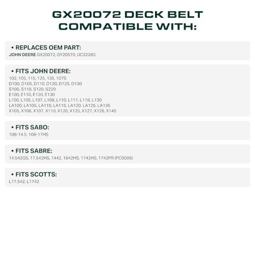 Image of UDC Parts GX20072 Deck Belt, 1 /2 inch x 104 inch, Replace John Deere 42 Inch D110 L110 D105 E100 D130 S100 LA105 L100 D100 E130 L111 E110 E120 D125 125 LA135 LA110 S100 UC32283 GY20570 Flat Belt /Aramid Cord