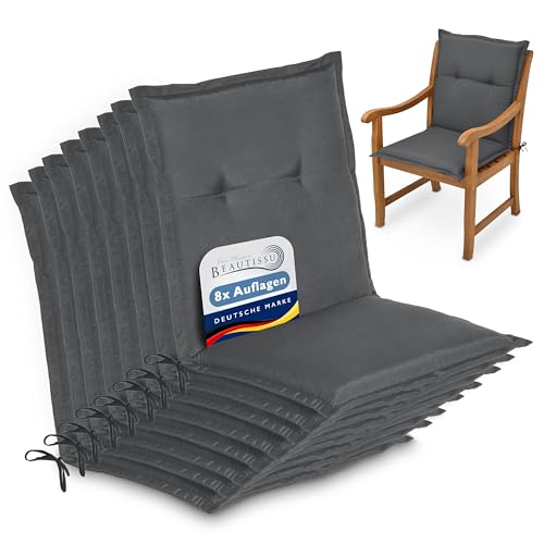 Beautissu 8er Set Niedriglehner Auflage Gartenstuhl 100x50x6 cm Loft NL - Sitzkissen Niederlehner Rückenkissen niedrig Stuhlkissen Schaumkern Füllung Kissen Anthrazit