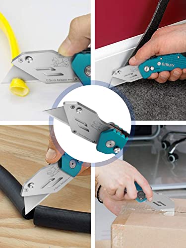 Bibury Utility Knife, Heavy Duty Folding Box Cutter, Pocket Carpet Knife With 10 Extra Sk5 Stainless Steel Blades, Easy Release Button, Belt Clip, Quick Change, Blade Storage In Handle Design-Green #TOP3