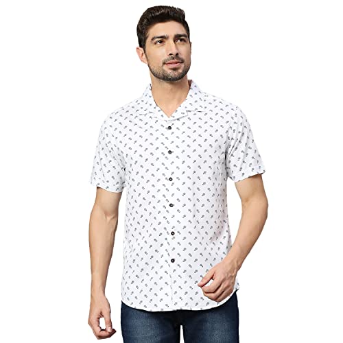 Image of HammerSmith Men's Printed Slim Fit Cotton Casual Shirt with Camp Collar and Short Sleeves