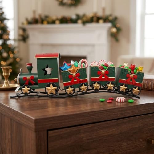 Image of Bloomingtons Direct Iron Decorative Christmas Steam Train, Red and Green Detailing Festive Scene Ornament, Christmas Ornament, Lightweight Steam Train Decoration for Shelves