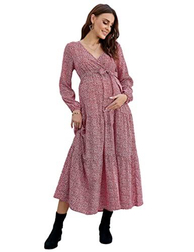 KOJOOIN Robe de maternité pour femme - Col en V - Robe d'allaitement - Avec manches longues - Manches lanternes - Robes de grossesse avec ceinture (emballage multi-directions), Bordeaux 1, XL Cover