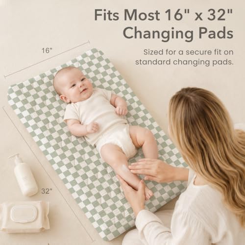 Image of Konssy Waterproof Muslin Changing Pad Cover 2 Pack, 100% Cotton Quilted Diaper Changing Table Sheets, Soft Breathable Boho Nursery Bedding for Baby (Baby Green Plaid,Green Dino)