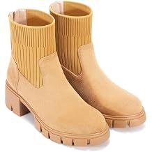 Womens Platform Chelsea Ankle Boots Low Chunky Heel Lug Sole Boots Fashion Back Zipper Mid Calf Booties