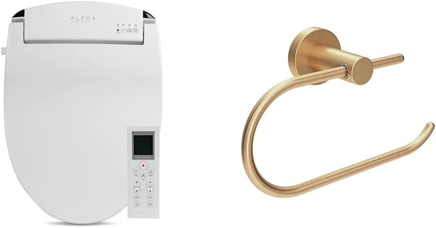 ALPHA BIDET JX2 Elongated Toilet Seat with Endless Warm Water, NEW Bowl Mist, Wireless Remote, Stainless Steel Nozzle, and Symmons Brushed Bronze Wall-Mounted Toilet Paper Holder