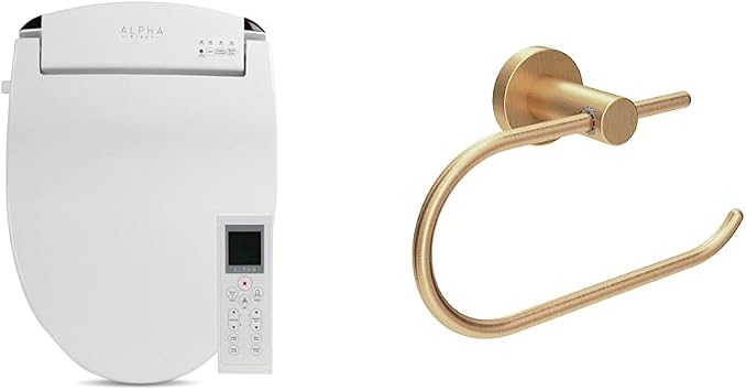 ALPHA BIDET JX2 Elongated Toilet Seat with Endless Warm Water, NEW Bowl Mist, Wireless Remote, Stainless Steel Nozzle, and Symmons Brushed Bronze Wall-Mounted Toilet Paper Holder