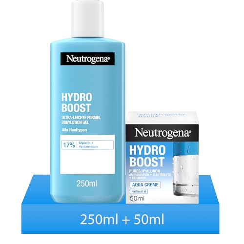 Neutrogena Hydro Boost Aqua Creme parfümfrei 50ml + Bodylotion Gel 250ml mit Hyaluronsäure & Glycerin – Feuchtigkeitspflege für trockene Haut & alle Hauttypen, ultra-leichte Formel