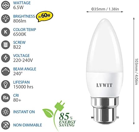 LVWIT B22 LED Candle Large Bayonet Bulbs,6.5W B22 Bayonet Candle Bulb 60W Equivalent,6500K Cold Bright White Candle Bulbs Bayonet, 806Lm,240 Degree Angle,220-240V,Non-Dimmable (Pack of 6)