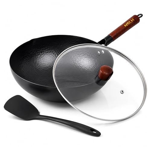 Image of NSLH 12.6 Inch Carbon Steel Wok Pan with Glass Cover, Pre-Seasoned Nonstick Flat Bottom Wok for Chinese Cooking, Woks & Stir-Fry Pans Cookware, Compatible with Induction, Electric, Gas & Halogen