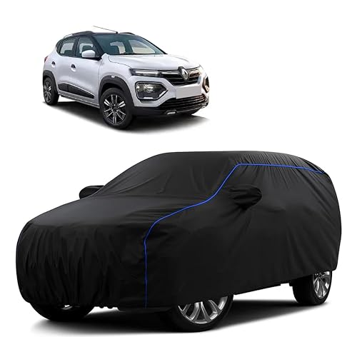 Image of Sulfar 100% Water Resistant Car Body Cover Compatible with Mirror for Renault Kwid (Triple Stitched, Full Bottom Elastic, Black Tafetta with Blue Piping)