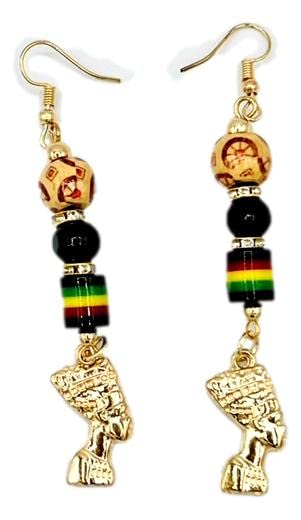 Wood & Rasta Bead Earring Nefertiti Charms - 2.5" long, African Wood Earrings, Jamaican Jewelry, Africa Earrings, Black Owned Accesories