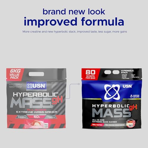 USN Hyperbolic Mass Strawberry Cheesecake 6kg: High Calorie Mass Gainer Protein Powder for Muscle Building and Weight Gain - Improved Formula & Flavour with 7.5g Creatine Monohydrate and Less Sugar - 2