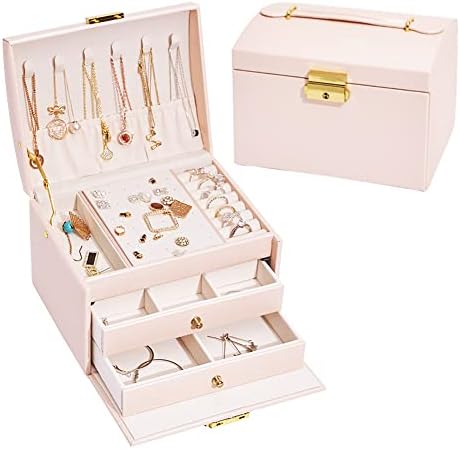 Bamphuoe Jewelry Box for Women Girls, Jewelry Organizer Box with Lock, Travel Jewelry Case, 3 Layer Medium Sized, Senior PU Leather, Light Pink