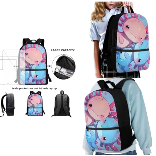 Coldinair Axolotl Little Girls Backpack for Elementary School Girls Kindergarten Backpack for Girls 17inch 3 Piece School Bag Set with Lunch Box Pencil Case Large Capacity Book Bag for Kids2