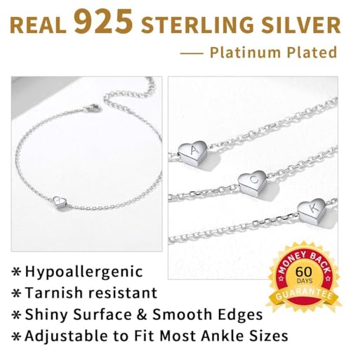 ChicSilver Sterling Silver Anklets for Women Waterproof, Silver Heart Initial Ankle Bracelets, 14K White Gold Plated White Gold Plated Anklets for Women Beach Foot Jewelry by ChicSilver - Image 4