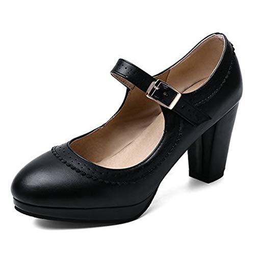 VOKLIN Women's Ladies Round Toe Mary Jane Oxford Pumps Ankle Strap Platform Chunky Block High Heel Dress Shoes