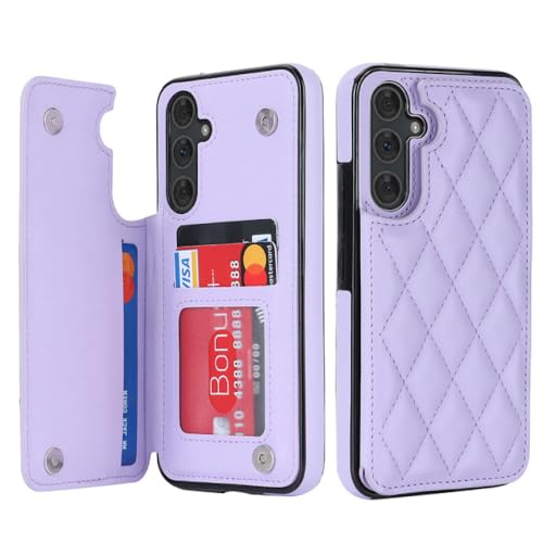Étui portefeuille Samsung A14 en cuir violet parfait pour libérer vos mains lors des sorties