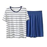 [chickiddos] キッズ パジャマ 男の子 女の子 部屋着 男子 女子 レディース 親子服 子供服 ルームウェア 上下セット ストライプ 半袖Ｔシャツ+半ズボン/ハーフパンツ２点 薄手 柔軟 ひんやり 涼しい ジュニア 寝巻き 夏服 紺150