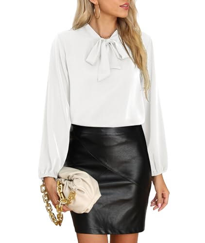 CZYINXIAN Fall Blouses for Women Fahion 2025 Chiffon Long Sleeve Blouses Loose Tie Neck Shirts(White,X-Large)