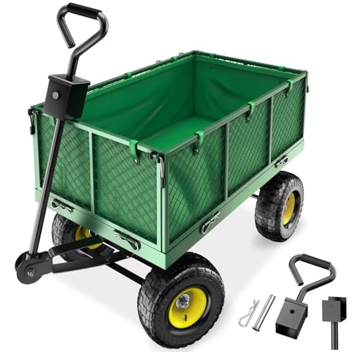 tecTake® Carro Jardín Plegable con Ruedas, Carretilla de Mano, Carga Máx. 550 kg, Carro Transporte Playa, Mango Acolchado y Desmontable, Funda Lavable, Carro con Ruedas Robustas - Verde