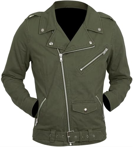 Image of Summer Lightweight Canvas Cotton Jacket Men - Punk Gothic Brando Biker Coat Classic Rock Streetwear Belted Jacket
