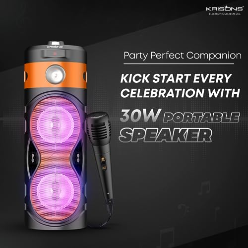 Image of Krisons Cylender 111 50W Portable Speaker with 4 inch Double Woofers,Free Wired Mic for Karaoke, in Built Torch, Remote Control with Bluetooth, FM, USB, Micro SD Card Connectivity (Orange)