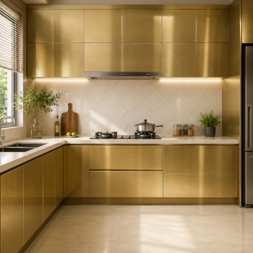 Image of Vinyl Contact Paper Decorative for Cabinets Countertops Kitchen Shelves Liner Self Adhesive Film Peel and Stick Waterproof Removable Wallpaper (Inches 24 x 118, Gold Brushed)