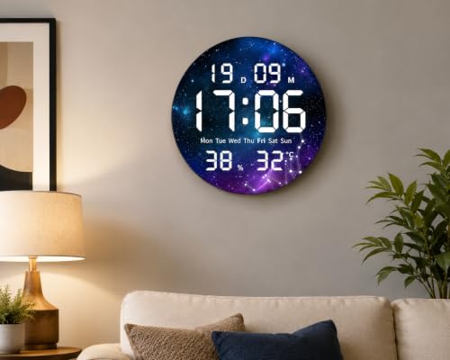 Image of Amazon Brand - Umi Galaxy Design Digital LED Wall Clock USB Tabletop Picture Clock Time Date Day Month Temperature & Humidity 12 /24 Hour Format Modern Decorative Clock for Living Room Bedroom Office
