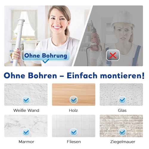 BSYXLSX Gardinenstange ohne Bohren Weiß 71-155 cm – Ø 25 mm 1 Stück Verstellbare Teleskopstange zum Klemmen, für Vorhänge, Duschvorhang& Garderobe