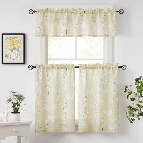 Image of FMFUNCTEX Beige-White Valance Curtains for Windows Print Blossom Sunlight Filtering Window Panels for Cafe Natural Themed Valance Drapes 1 Panel 54 inchW x 15 inch L