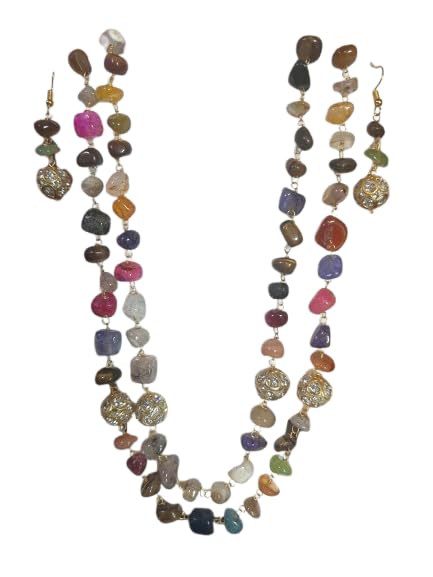 Image of Natural Stone Mala Double Layered with Hanging Earrings.