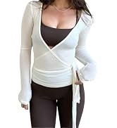 Women's Tie Wrap Top Sexy Deep V Neck Tie Front Long Sleeve Tops Casual Slim Fit Yoga Shirts Work...
