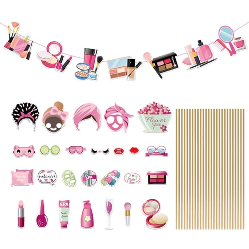 26 Accesorios con Temática De Maquillaje Y 1 Banner De Cumpleaños, Bandera De Papel, Suministros De Decoración De Cumpleaños, Accesorios para Fotos De Fiesta.