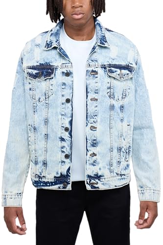 X RAY Mens Denim Jacket, Washed Ripped Distressed Flex Stretch Casual Trucker Biker Jeans Jacket for Men, Acid Stone - Ripped Distressed, Small