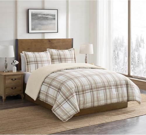VCNY Home 3-Piece King-Size Bedding Set - Comforter & Pillow Shams | Cotton Flannel & Sherpa Fabric | Cozy, Classic Bedroom Decor | Cold Weather or Winter Bedding | Thick, Heavy & Warm | Plaid Taupe by VCNY Home - Image 2