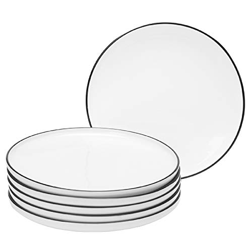 BonNoces 10 Inch Porcelain Dinner Plates, Elegant White with Black Edges Design, Classic Round Serving Plates Set for Steak, Pasta, and Salad, Set of 6 by BonNoces - Used condition - US$43.11