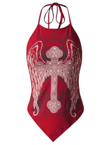 Design by Olivia Women's Rhinestone Y2k Gothic Cross Wing Graphic Halter Top Red S