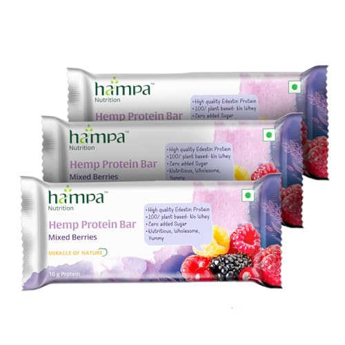 Image of Hampa Hemp protein Bar 50g | Mixed Berries Flavour | 10g Plant Protein | No Whey, Vegan Friendly | No Added Sugar, Sweetened with Dates | Anytime Snack with Edestine Protein | Pack of 3