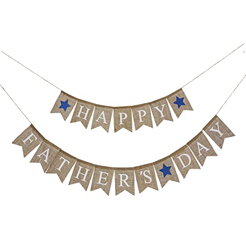 Happy Father's Day Burlap Banner, Rustic Happy Father's Day Bunting Garland, We Love Dad Banner, Father's Day Party Decorations, Father's Day Party Supplies, Happy Father's Day Sign (Blue Star Happy