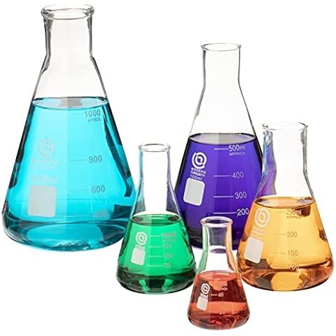 Glass Erlenmeyer Flask Set - Graduated Borosilicate Glassware - Volumetric Narrow Neck Scientific Chemistry Labware & Equipment - Home & School Science Experiments (50-1000mL, 5-Pack) Cover