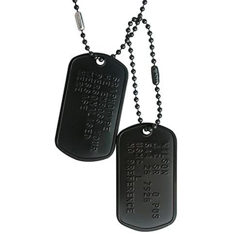 Graphotype™ Personalised US Military Black Special Forces Dog TAG Set, DLC/PVD Hard Coated Stainless Steel - 2 X Embossed ID Dog Tags, Chains and silencers Cover